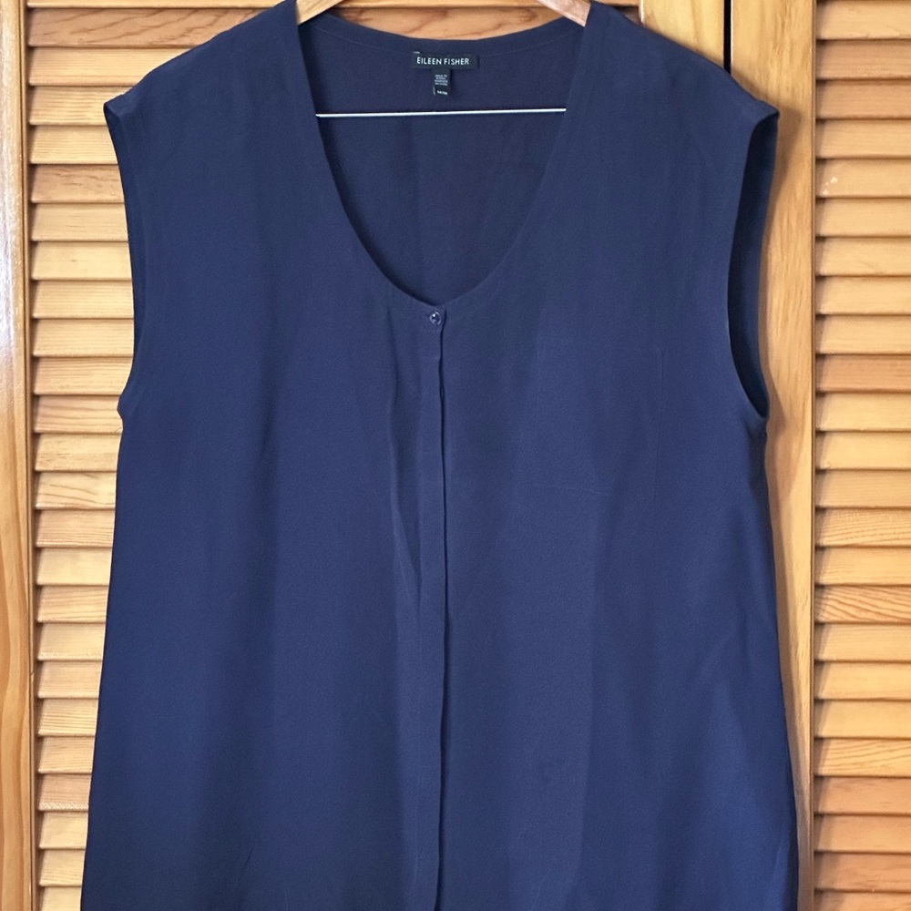 Eileen Fisher Deep Blue Silk Sleeveless Blouse Size Medium.